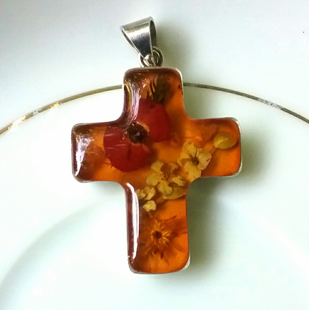 😍Glass/Real Flowers/Sterling Silver Cross